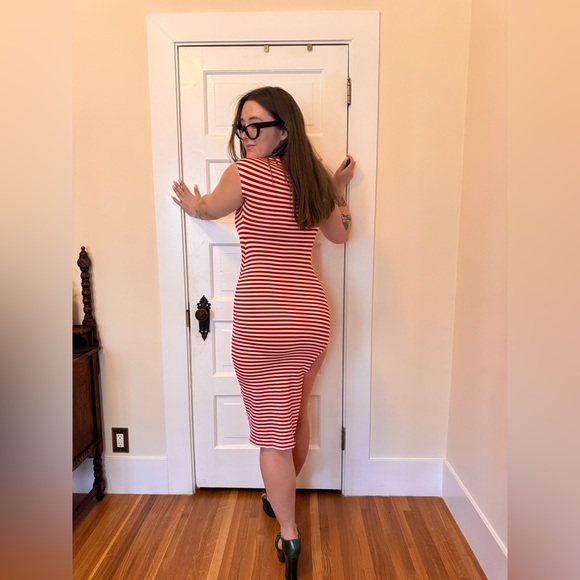 90s Vintage Bisou Bisou Red & White Horizontal Stripe Body Con Dress - Picture 2 of 12